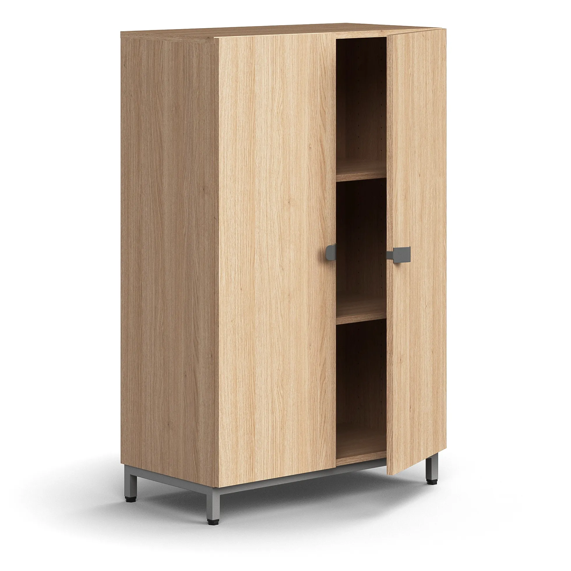 Kaappi QBUS 2 hyllytasoa, jalusta, kahvat, 1252x800x420 mm, hopeanharmaa, tammi