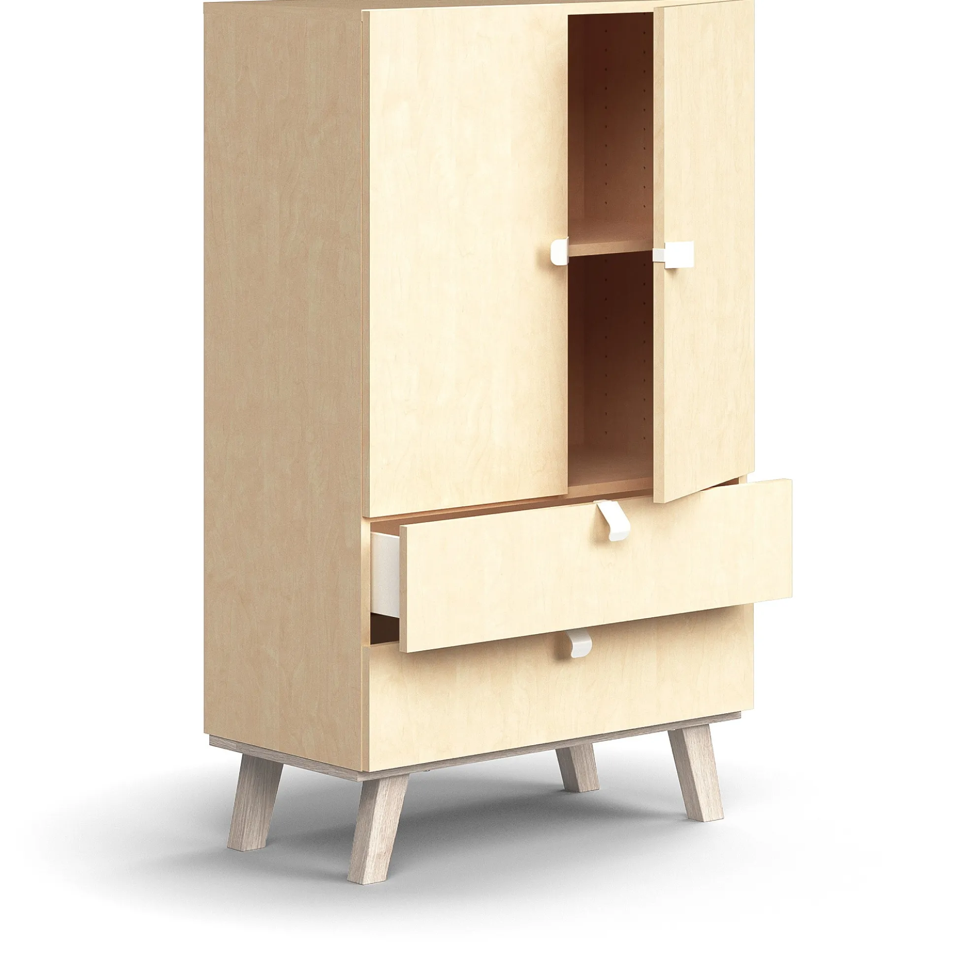 Kaappi QBUS 2 hyllytasoa + 2 vetolaatikkoa, jalusta, kahvat, 1332x800x420 mm, koivu