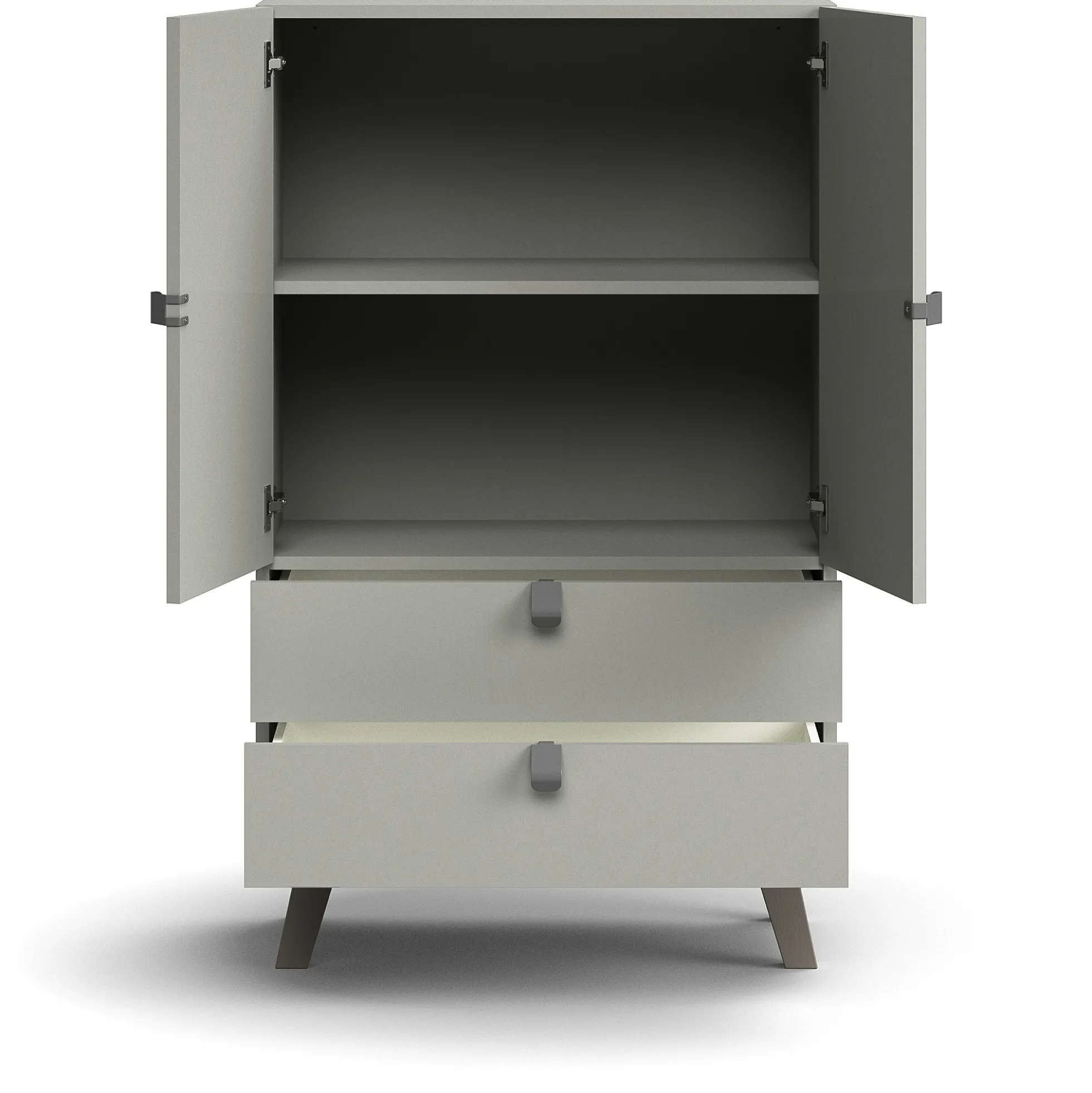 Kaappi QBUS 2 hyllytasoa + 2 vetolaatikkoa, jalusta, kahvat, 1332x800x420 mm, vaaleanharmaa