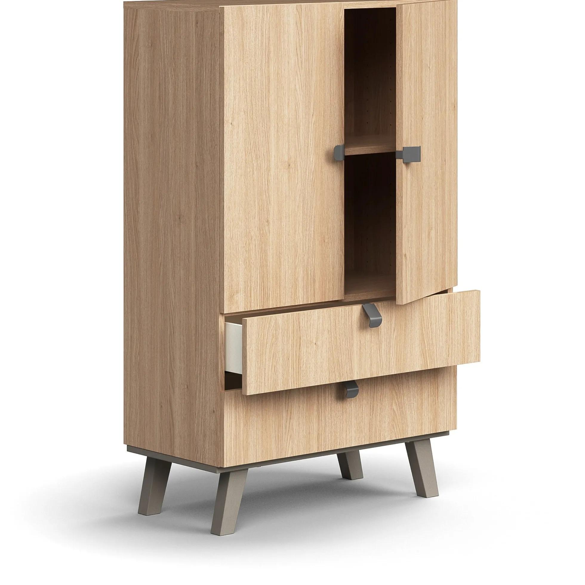 Kaappi QBUS 2 hyllytasoa + 2 vetolaatikkoa, jalusta, kahvat, 1332x800x420 mm, tammi