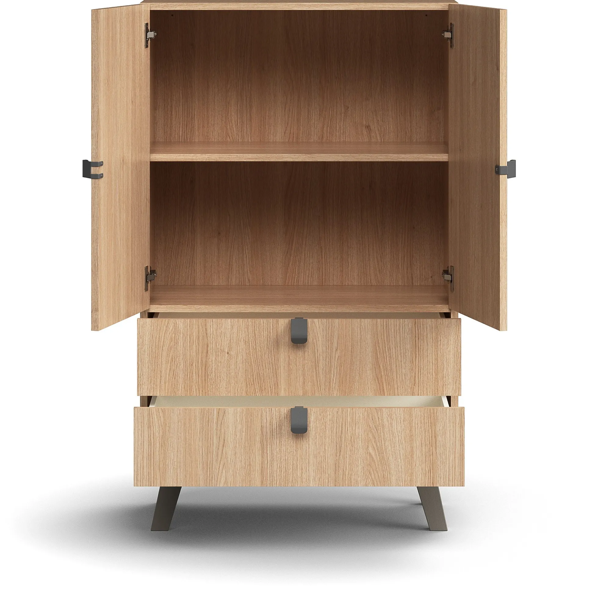 Kaappi QBUS 2 hyllytasoa + 2 vetolaatikkoa, jalusta, kahvat, 1332x800x420 mm, tammi