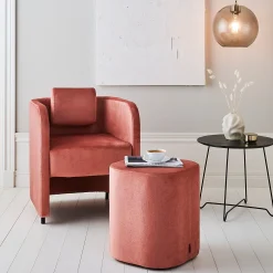 Kalusteryhmä COMFY Nojatuoli ja jakkara, jalat, samettikangas, lohenpunainen