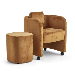 Kalusteryhmä COMFY Nojatuoli ja jakkara, pyörät, samettikangas, kulta