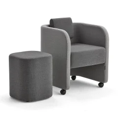 Kalusteryhmä COMFY Nojatuoli ja jakkara, pyörät, villakangas, vaaleanharmaa/tummanharmaa