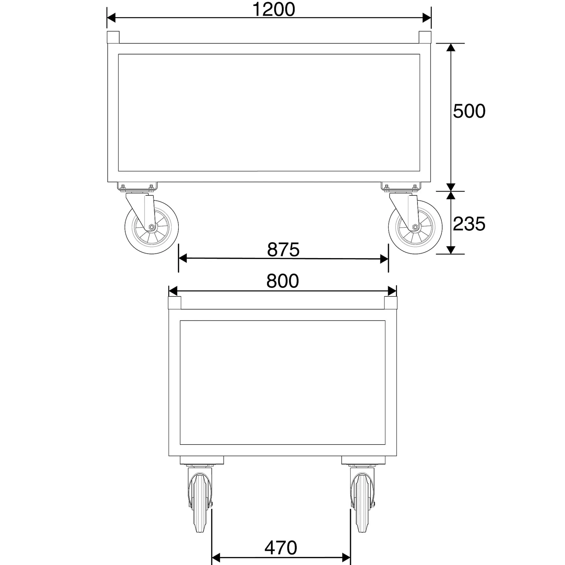 Kuormalavavaunu FRAME 500 kg, Ø 160 mm polyuretaanipyörät, 1200x800x755 mm
