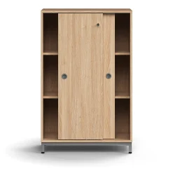 Liukuovikaappi QBUS Lukollinen, 2 hyllytasoa, jalusta, kahvat, 1252x800x400 mm, hopeanharmaa, tammi