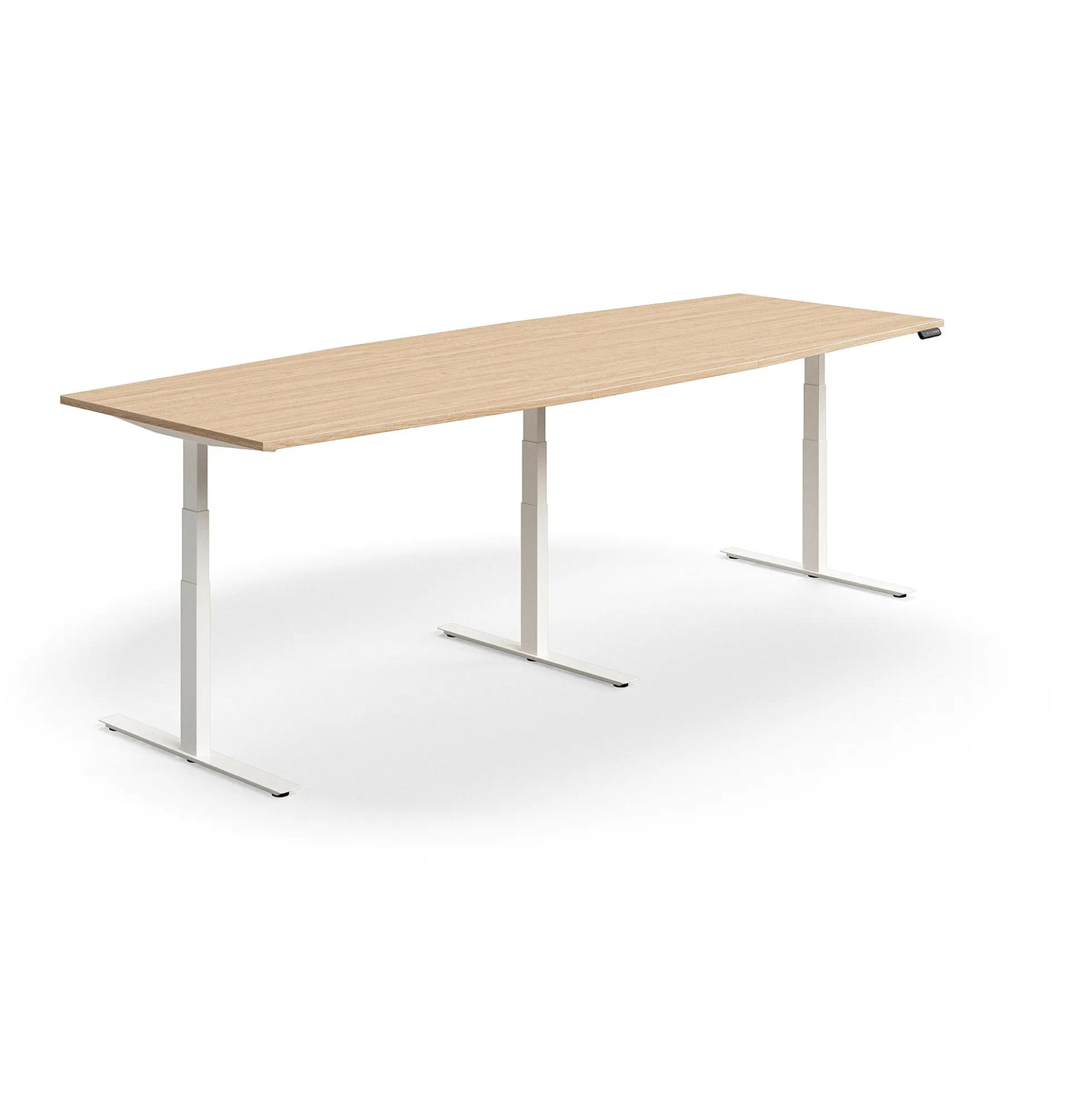 Neuvottelupöytä QBUS Korkeussäädettävä, veneen muotoinen, 3200x1200 mm, valkoinen jalusta, tammi