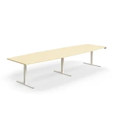 Neuvottelupöytä QBUS Korkeussäädettävä, veneen muotoinen, 4000x1200 mm, valkoinen jalusta, koivu