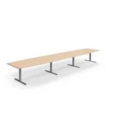 Neuvottelupöytä QBUS Veneen muotoinen, 5600x1200 mm, T-jalusta, hopeanharmaa jalusta, tammi