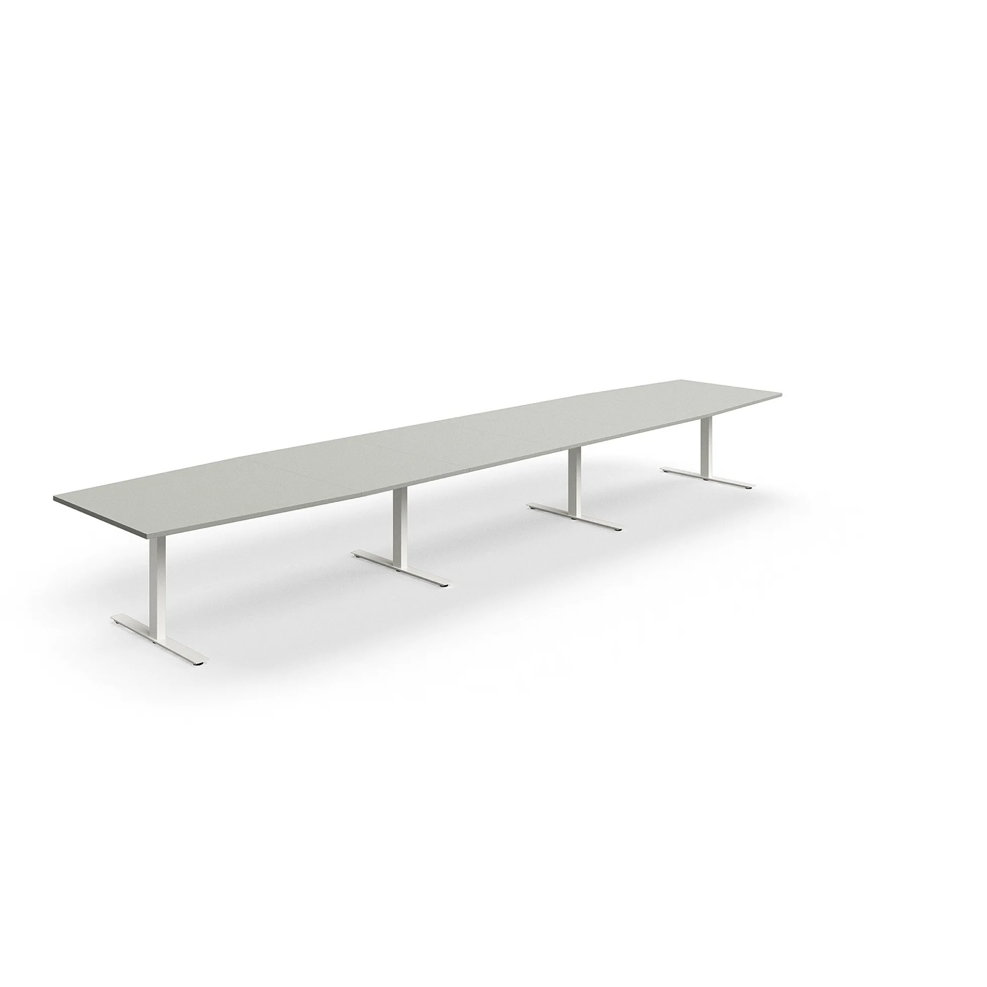 Neuvottelupöytä QBUS Veneen muotoinen, 5600x1200 mm, T-jalusta, valkoinen jalusta, vaaleanharmaa