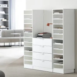 Postinlajitteluhylly QBUS 22 hyllytasoa + 4 vetolaatikkoa, sokkeli, 1636x1600x420 mm, valkoinen