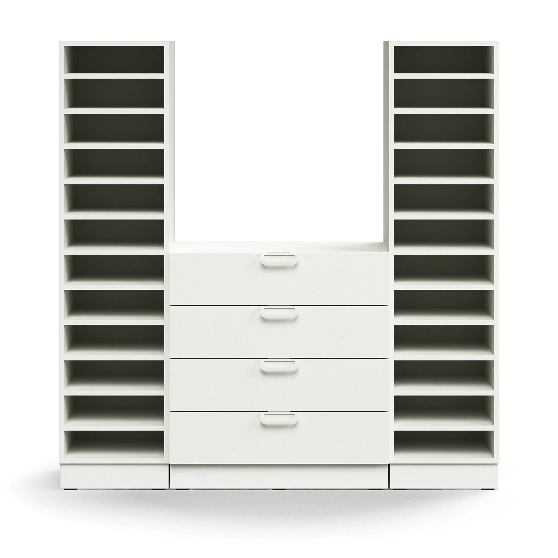 Postinlajitteluhylly QBUS 22 hyllytasoa + 4 vetolaatikkoa, sokkeli, 1636x1600x420 mm, valkoinen