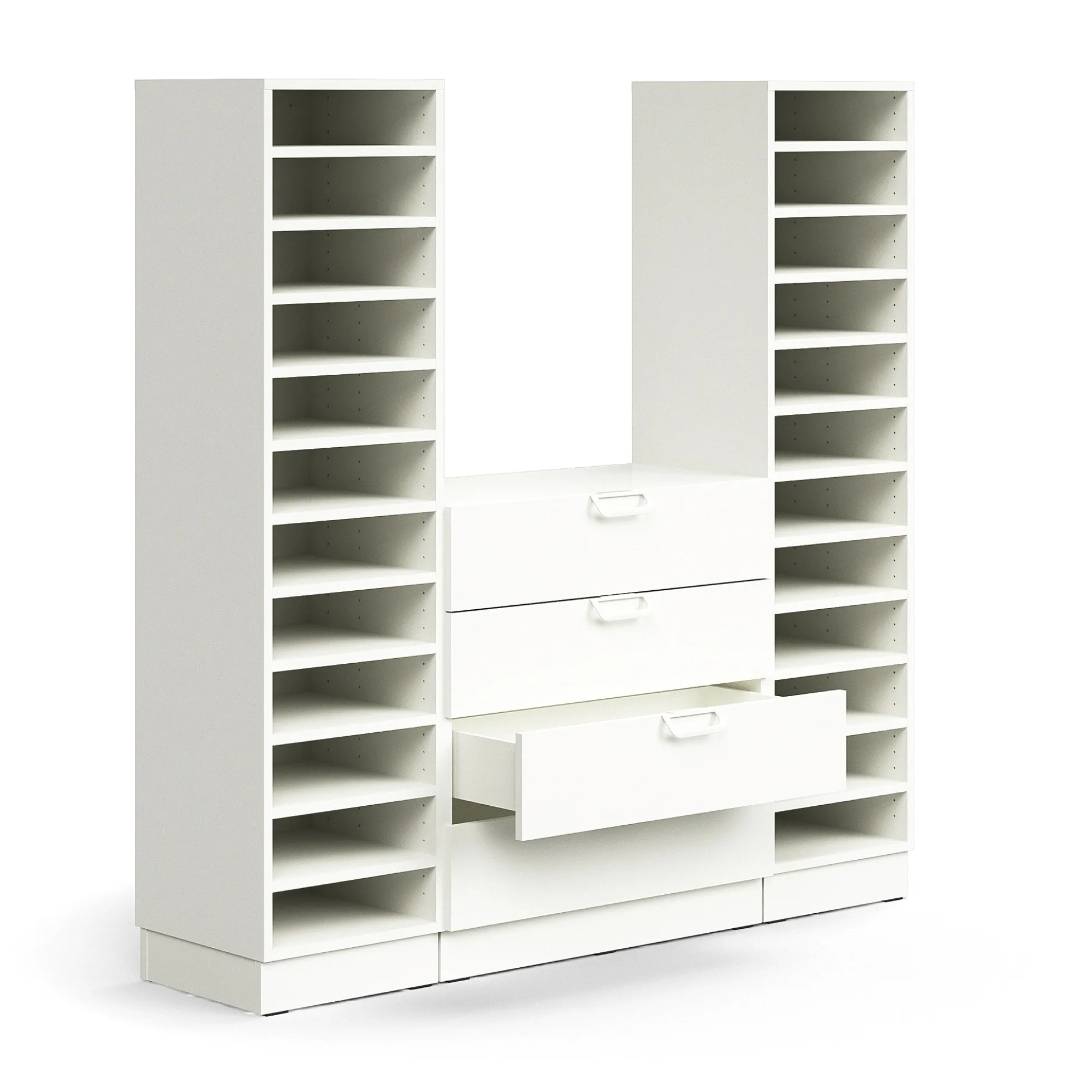 Postinlajitteluhylly QBUS 22 hyllytasoa + 4 vetolaatikkoa, sokkeli, 1636x1600x420 mm, valkoinen
