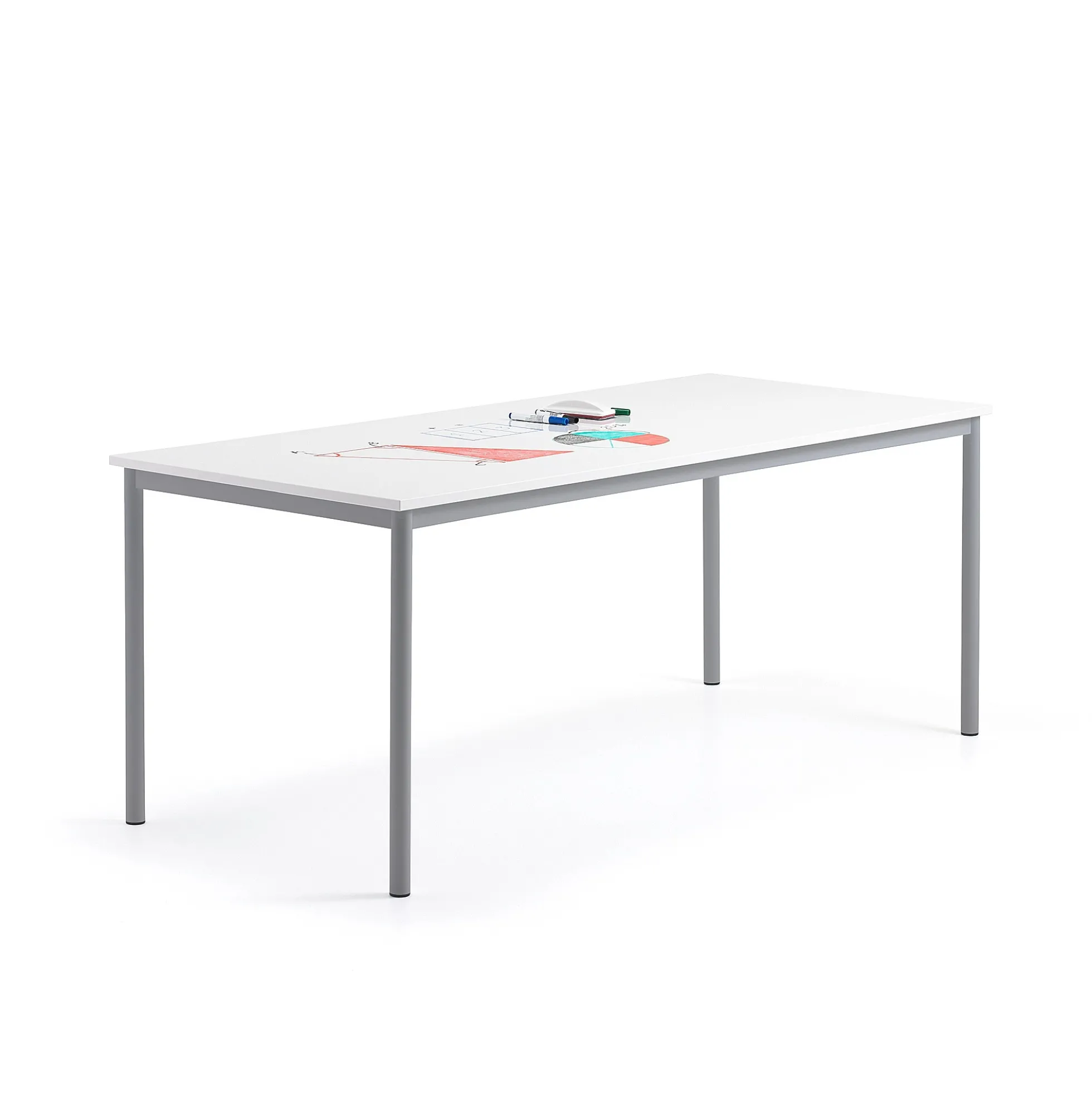 Pöytä BORÅS 1800x800x720 mm, valkotaulupöytälevy, alumiininharmaa