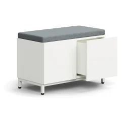 Säilytyspenkki QBUS Jalusta, ponnahdussalpa, 534x800x420 mm, valkoinen, harmaa tyyny