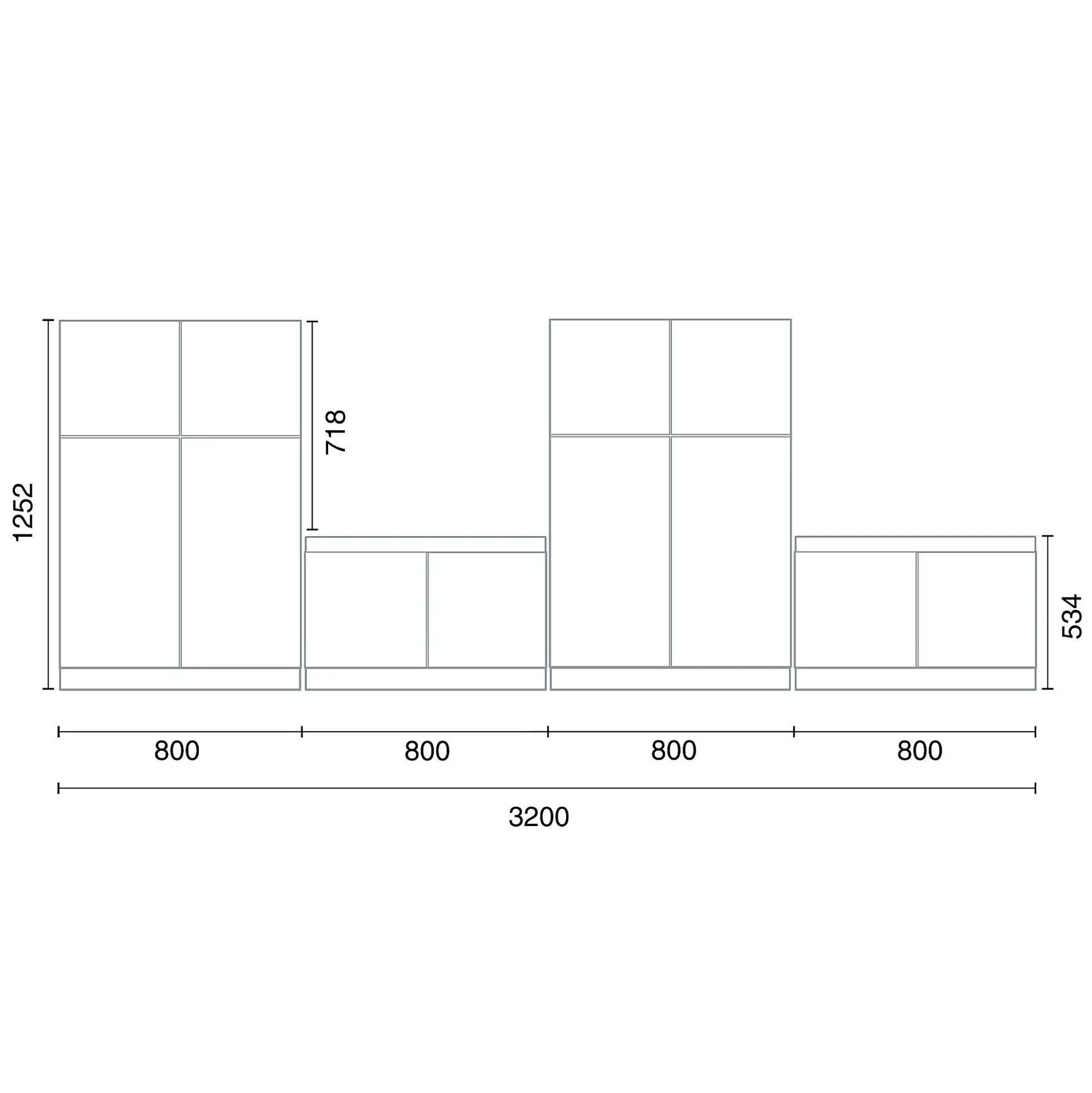 Säilytysratkaisu QBUS 2 kaappia + 2 säilytyspenkkiä, sokkeli, kahvat, 1252x3200x420 mm, vaaleanharmaa, keltainen istuintyyny