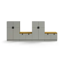 Säilytysratkaisu QBUS 2 kaappia + 2 säilytyspenkkiä, sokkeli, kahvat, 1252x3200x420 mm, vaaleanharmaa, keltainen istuintyyny