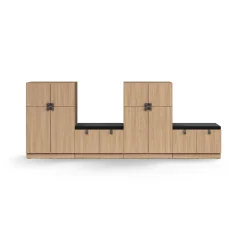 Säilytysratkaisu QBUS 2 kaappia + 2 säilytyspenkkiä, sokkeli, kahvat, 1252x3200x420 mm, tammi, tummanharmaa istuintyyny