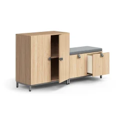Säilytysratkaisu QBUS Kaappi + säilytyspenkki, jalusta, kahvat, 868x1600x420 mm, tammi, harmaa istuintyyny