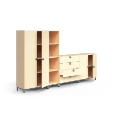 Säilytysratkaisu QBUS Korkea kaappi + 4 lokeroa + 4 vetolaatikkoa + matala kaappi, jalusta, kahvat, 1636x2800x420 mm, hopeanharmaa, koivu