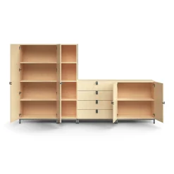 Säilytysratkaisu QBUS Korkea kaappi + 4 lokeroa + 4 vetolaatikkoa + matala kaappi, jalusta, kahvat, 1636x2800x420 mm, hopeanharmaa, koivu