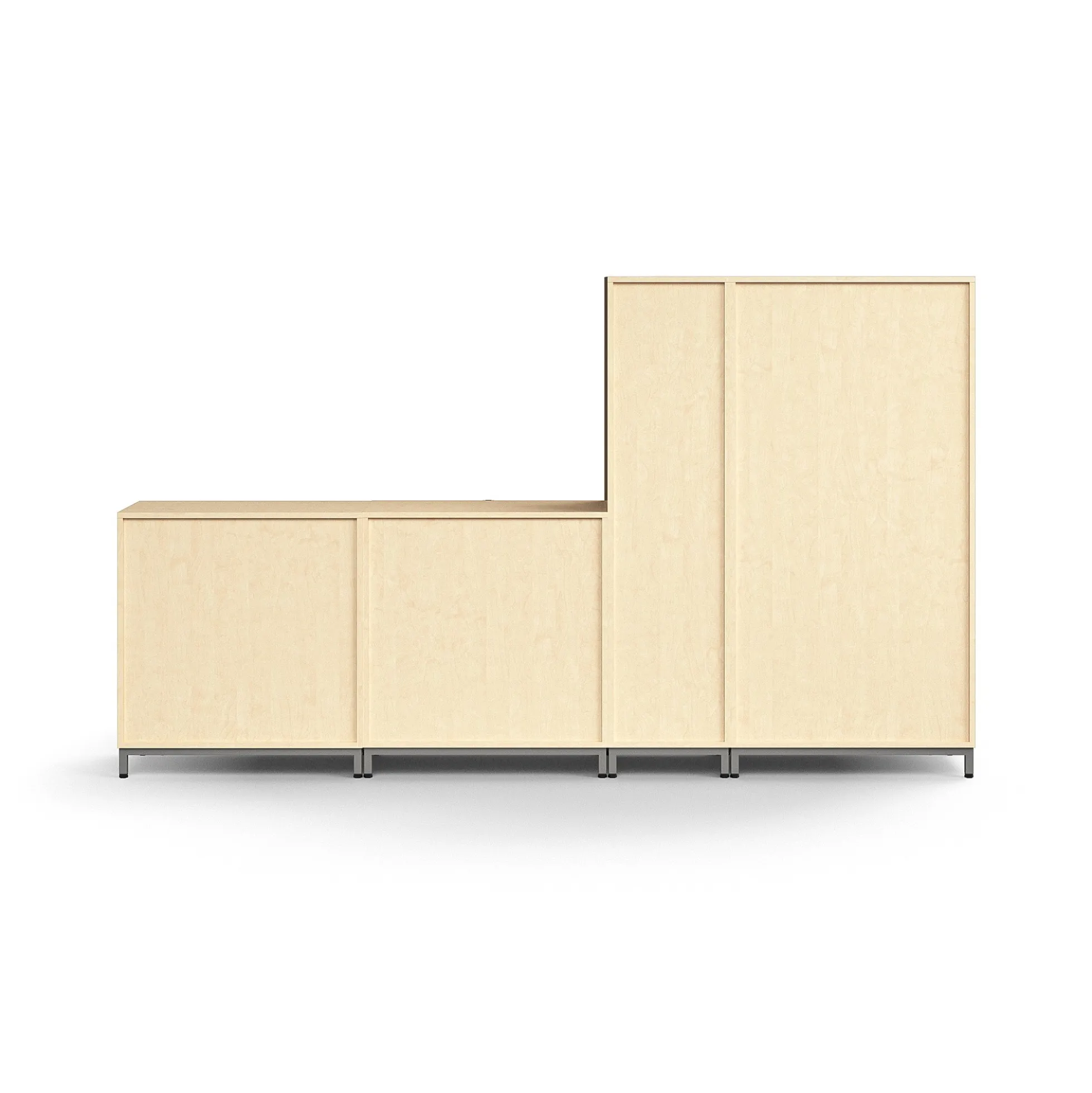 Säilytysratkaisu QBUS Korkea kaappi + 4 lokeroa + 4 vetolaatikkoa + matala kaappi, jalusta, kahvat, 1636x2800x420 mm, hopeanharmaa, koivu