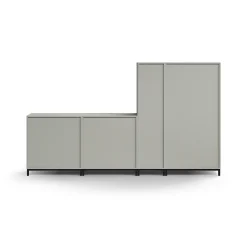 Säilytysratkaisu QBUS Korkea kaappi + 4 lokeroa + 4 vetolaatikkoa + matala kaappi, jalusta, kahvat, 1636x2800x420 mm, musta, vaaleanharmaa