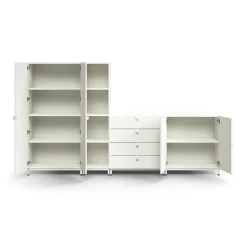 Säilytysratkaisu QBUS Korkea kaappi + 4 lokeroa + 4 vetolaatikkoa + matala kaappi, jalusta, kahvat, 1636x2800x420 mm, valkoinen