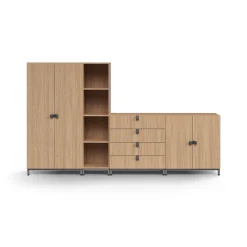 Säilytysratkaisu QBUS Korkea kaappi + 4 lokeroa + 4 vetolaatikkoa + matala kaappi, jalusta, kahvat, 1636x2800x420 mm, hopeanharmaa, tammi
