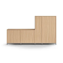 Säilytysratkaisu QBUS Korkea kaappi + 4 lokeroa + 4 vetolaatikkoa + matala kaappi, jalusta, kahvat, 1636x2800x420 mm, hopeanharmaa, tammi