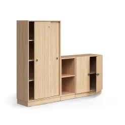 Säilytysratkaisu QBUS Lukollinen kaappi + 2 lokeroa + matala kaappi, sokkeli, kahvat, 1636x2000x420 mm, tammi