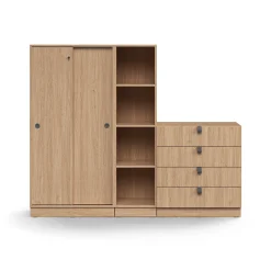 Säilytysratkaisu QBUS Lukollinen kaappi + 4 lokeroa + 4 vetolaatikkoa, sokkeli, kahvat, 1636x2000x420 mm, tammi
