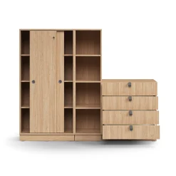 Säilytysratkaisu QBUS Lukollinen kaappi + 4 lokeroa + 4 vetolaatikkoa, sokkeli, kahvat, 1636x2000x420 mm, tammi