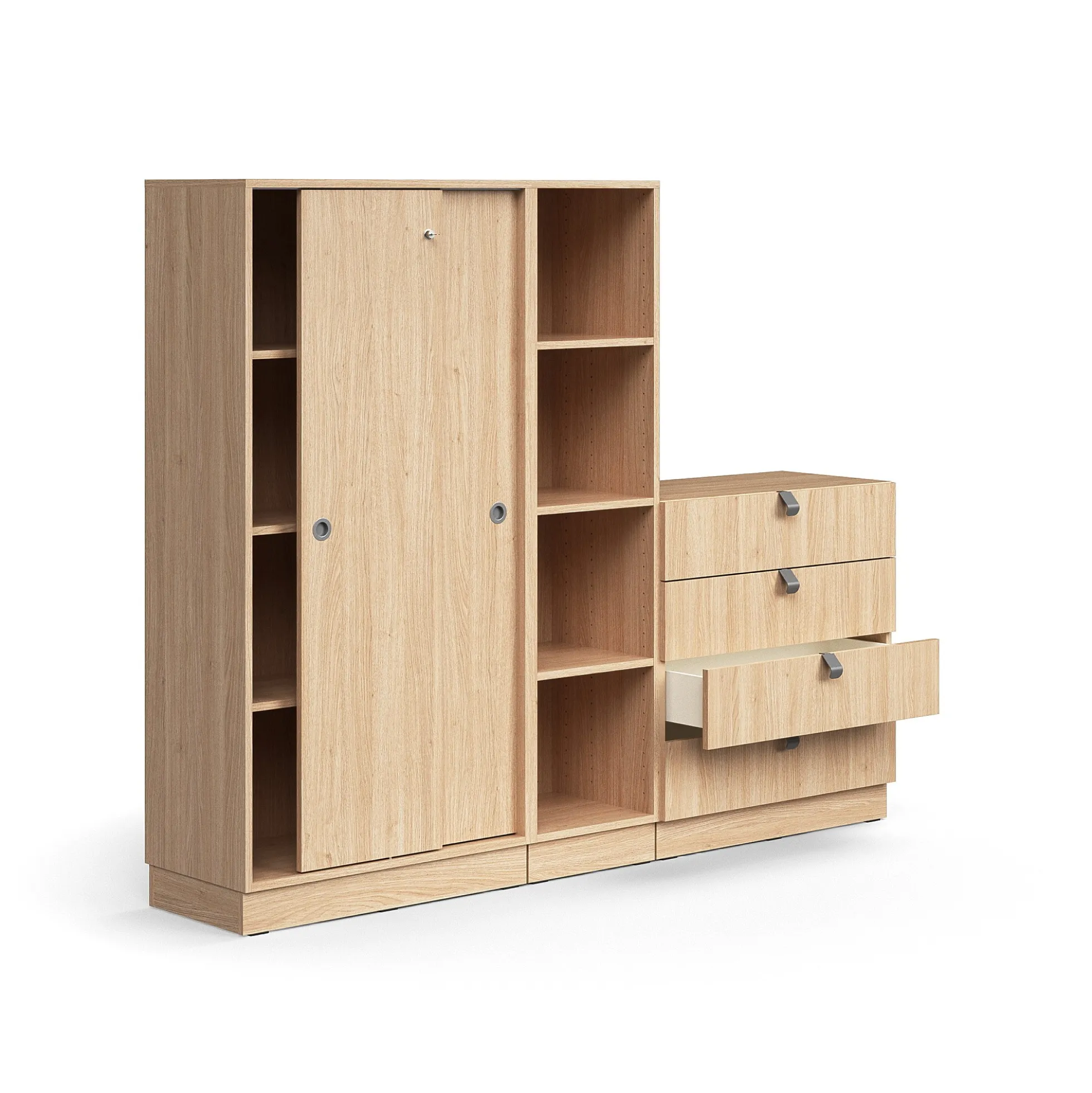 Säilytysratkaisu QBUS Lukollinen kaappi + 4 lokeroa + 4 vetolaatikkoa, sokkeli, kahvat, 1636x2000x420 mm, tammi