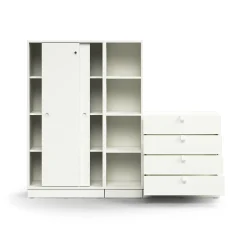 Säilytysratkaisu QBUS Lukollinen kaappi + 4 lokeroa + 4 vetolaatikkoa, sokkeli, kahvat, 1636x2000x420 mm, valkoinen
