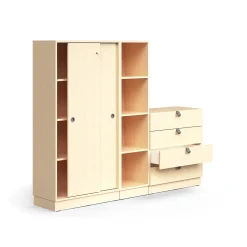 Säilytysratkaisu QBUS Lukollinen kaappi + 4 lokeroa + 4 vetolaatikkoa, sokkeli, kahvat, 1636x2000x420 mm, koivu