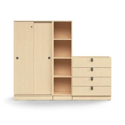 Säilytysratkaisu QBUS Lukollinen kaappi + 4 lokeroa + 4 vetolaatikkoa, sokkeli, kahvat, 1636x2000x420 mm, koivu