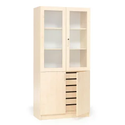 Tarvikekaappi THEO Laatikot ja puolipitkät lasiovet, 1000x470x2100 mm, koivu