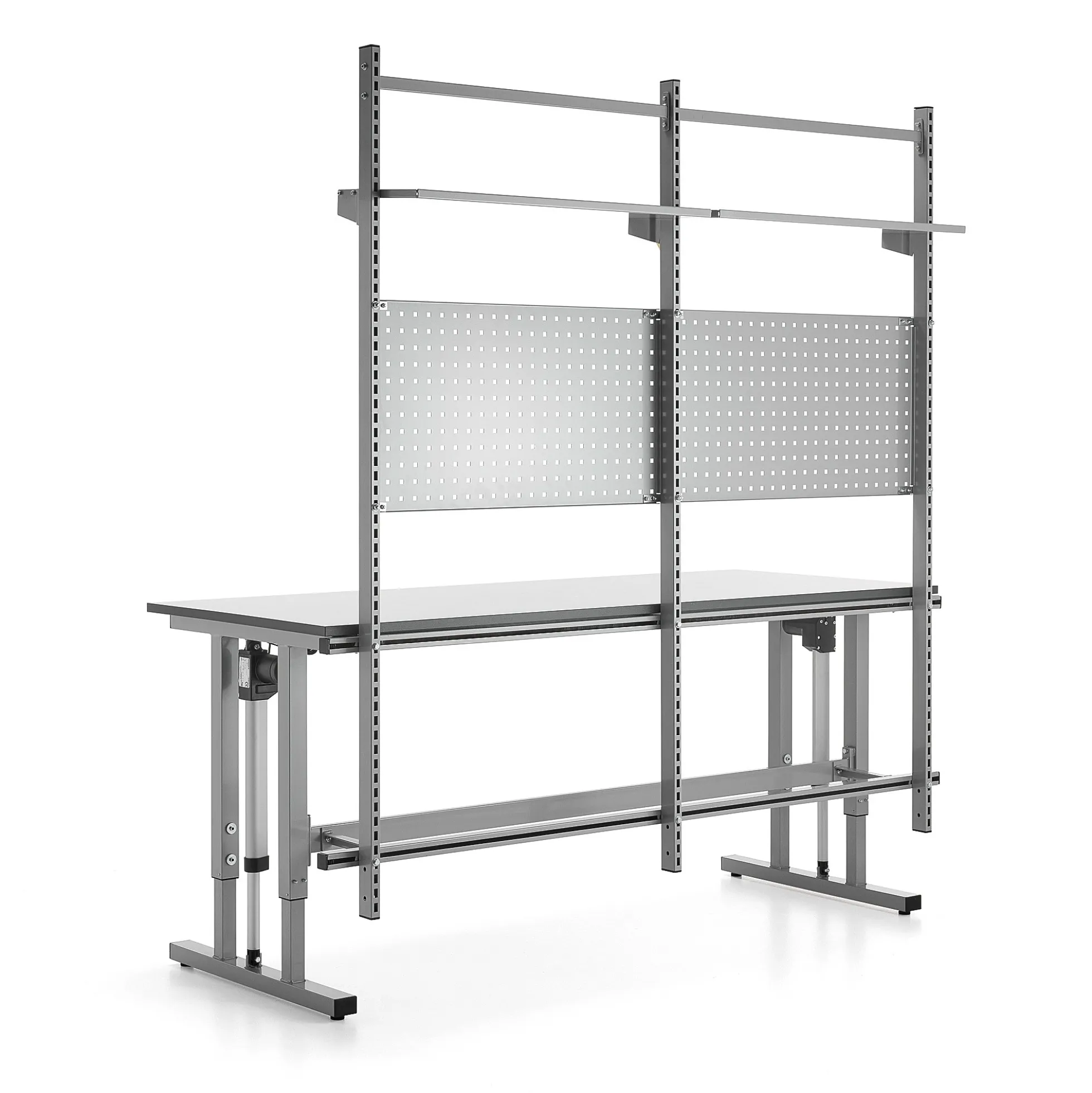 Teollisuuspöytä MOTION Korkeussäädettävä, 400 kg, 2000x800 mm, työkalupaneeli + hyllyt