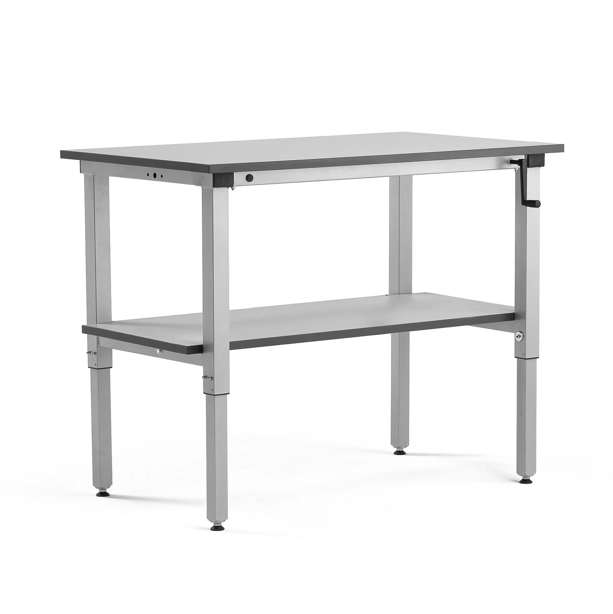 Teollisuuspöytä MOTION Manuaalisesti korkeussäädettävä, 1200x600 mm, alahylly, 150 kg,harmaa