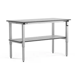 Teollisuuspöytä MOTION Manuaalisesti korkeussäädettävä, 1500x600 mm, alahylly, 150 kg,harmaa