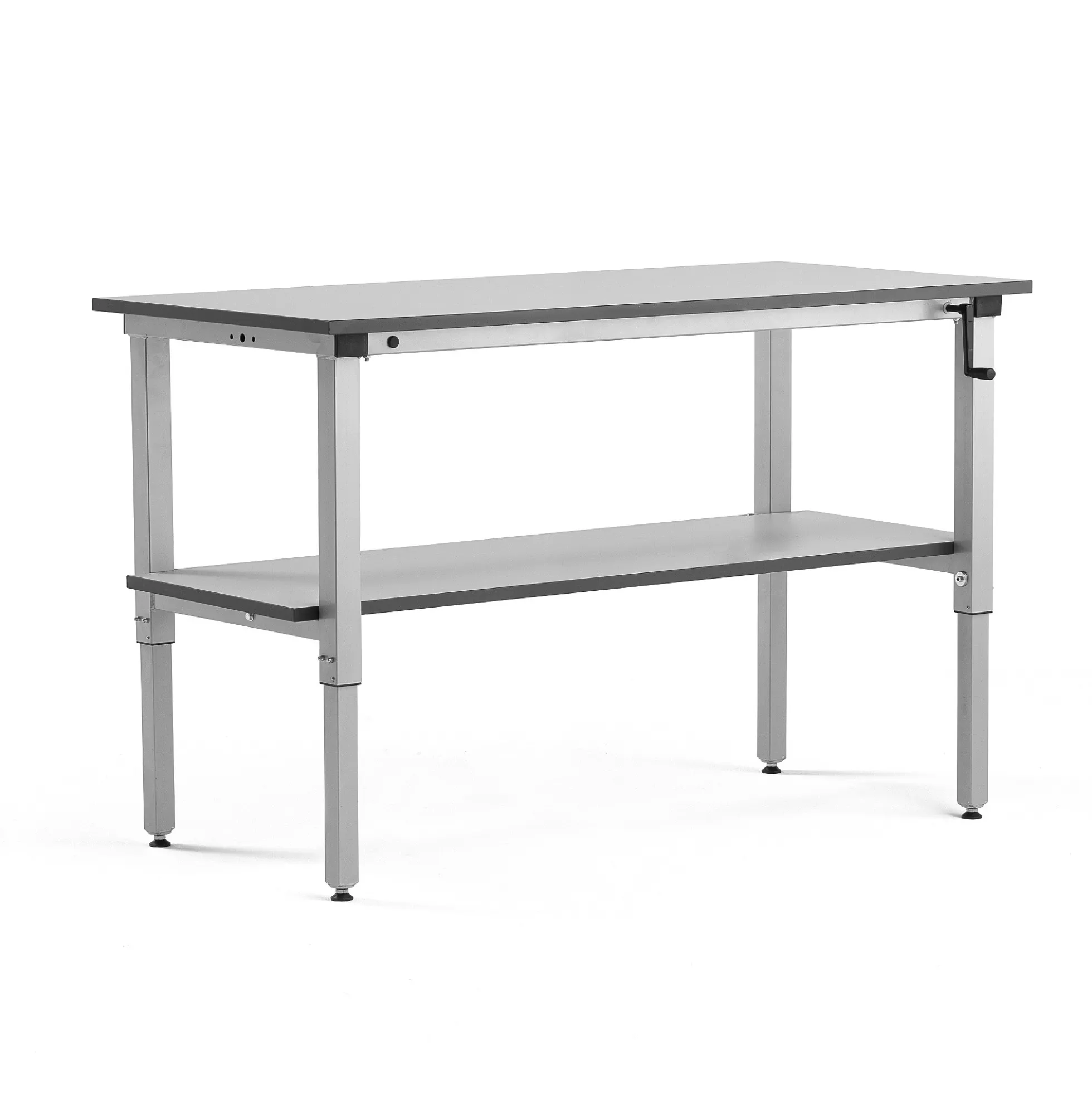 Teollisuuspöytä MOTION Manuaalisesti korkeussäädettävä, 1500x600 mm, alahylly, 150 kg,harmaa