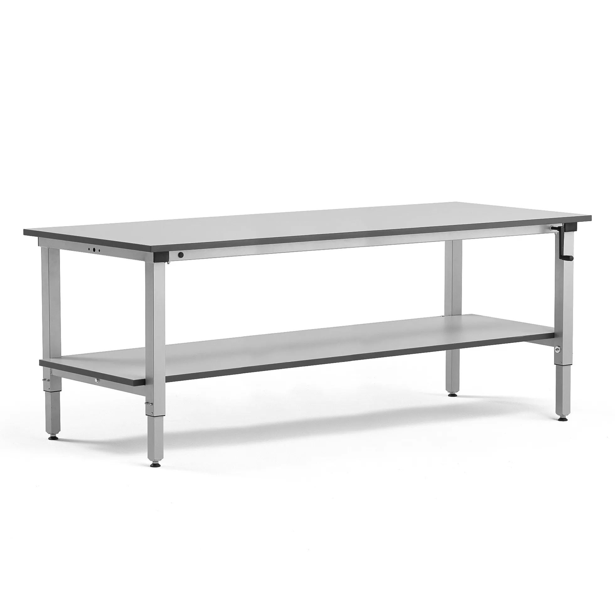 Teollisuuspöytä MOTION Manuaalisesti korkeussäädettävä, 2000x800 mm, alahylly, 150 kg, harmaa