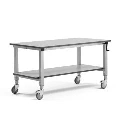 Teollisuuspöytä MOTION Pyörällinen, alahylly, manuaalisesti korkeussäädettävä, 150 kg, 1500x800 mm, harmaa