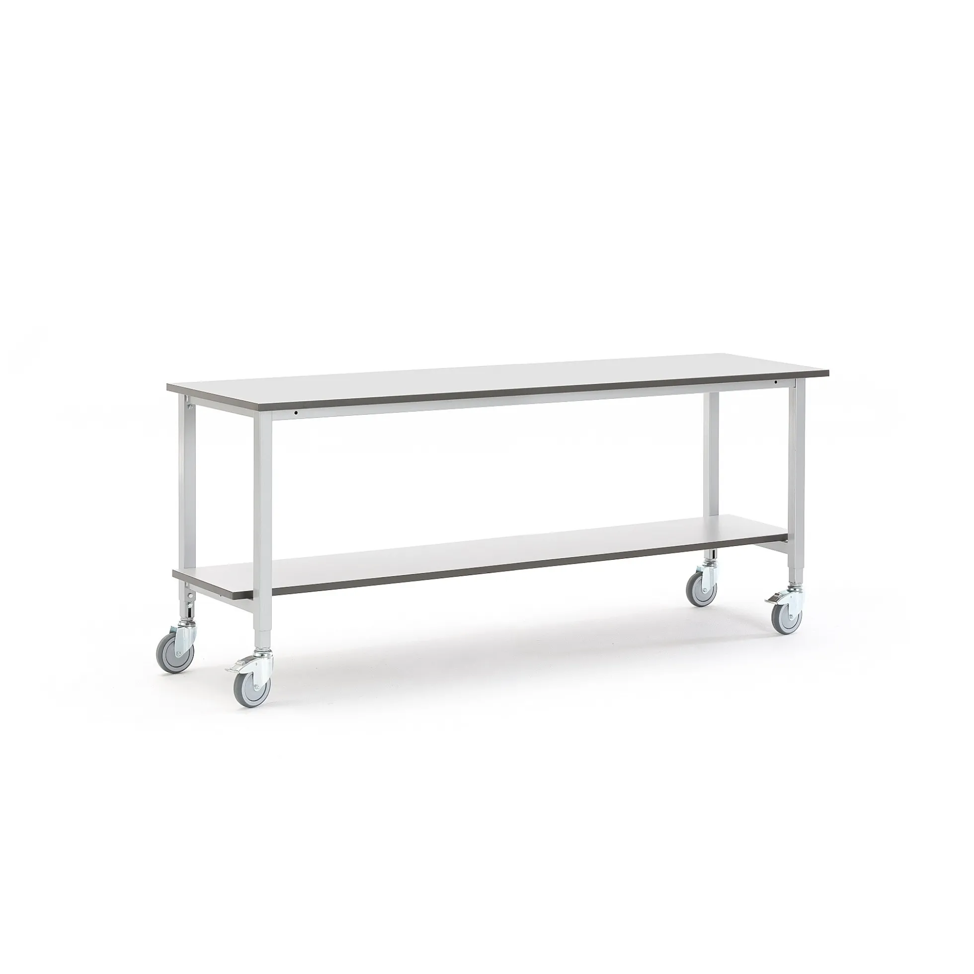 Teollisuuspöytä MOTION Pyörät, alahylly, 2000x600 mm, harmaa
