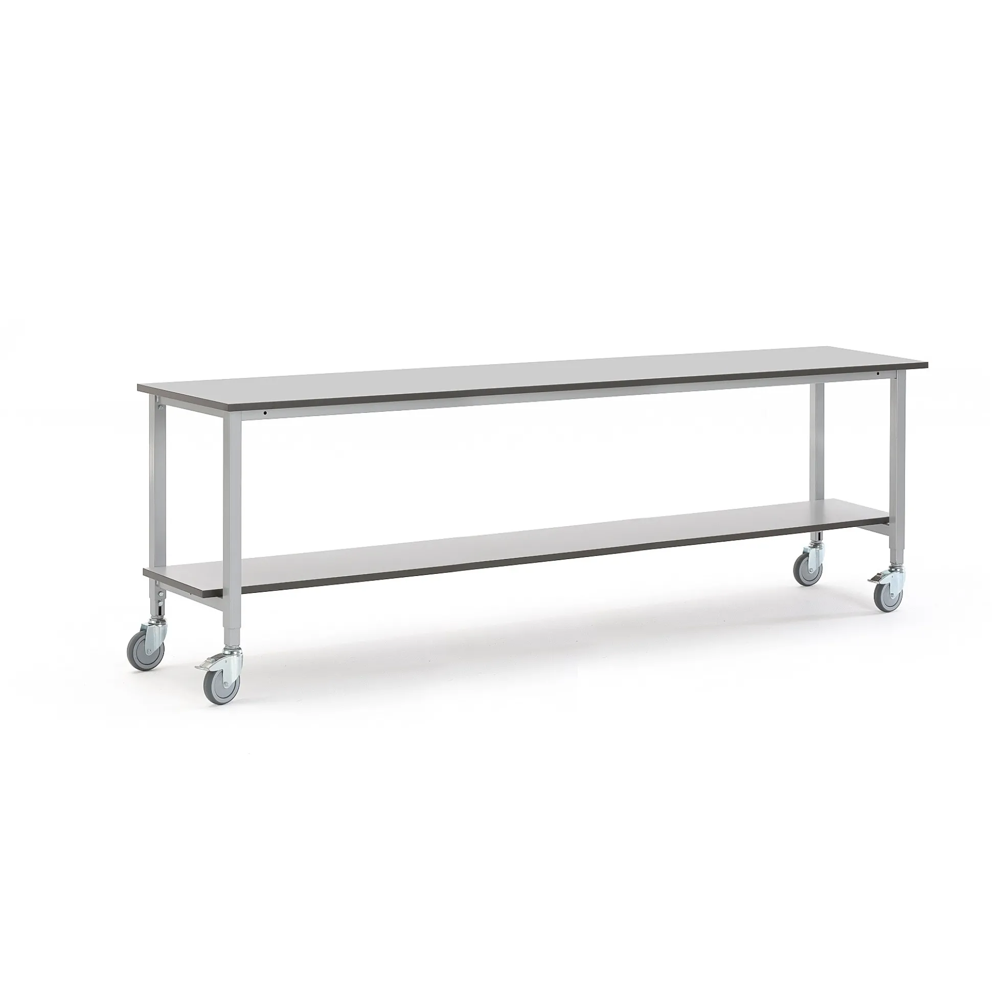 Teollisuuspöytä MOTION Pyörät, alahylly, 2500x600 mm, harmaa