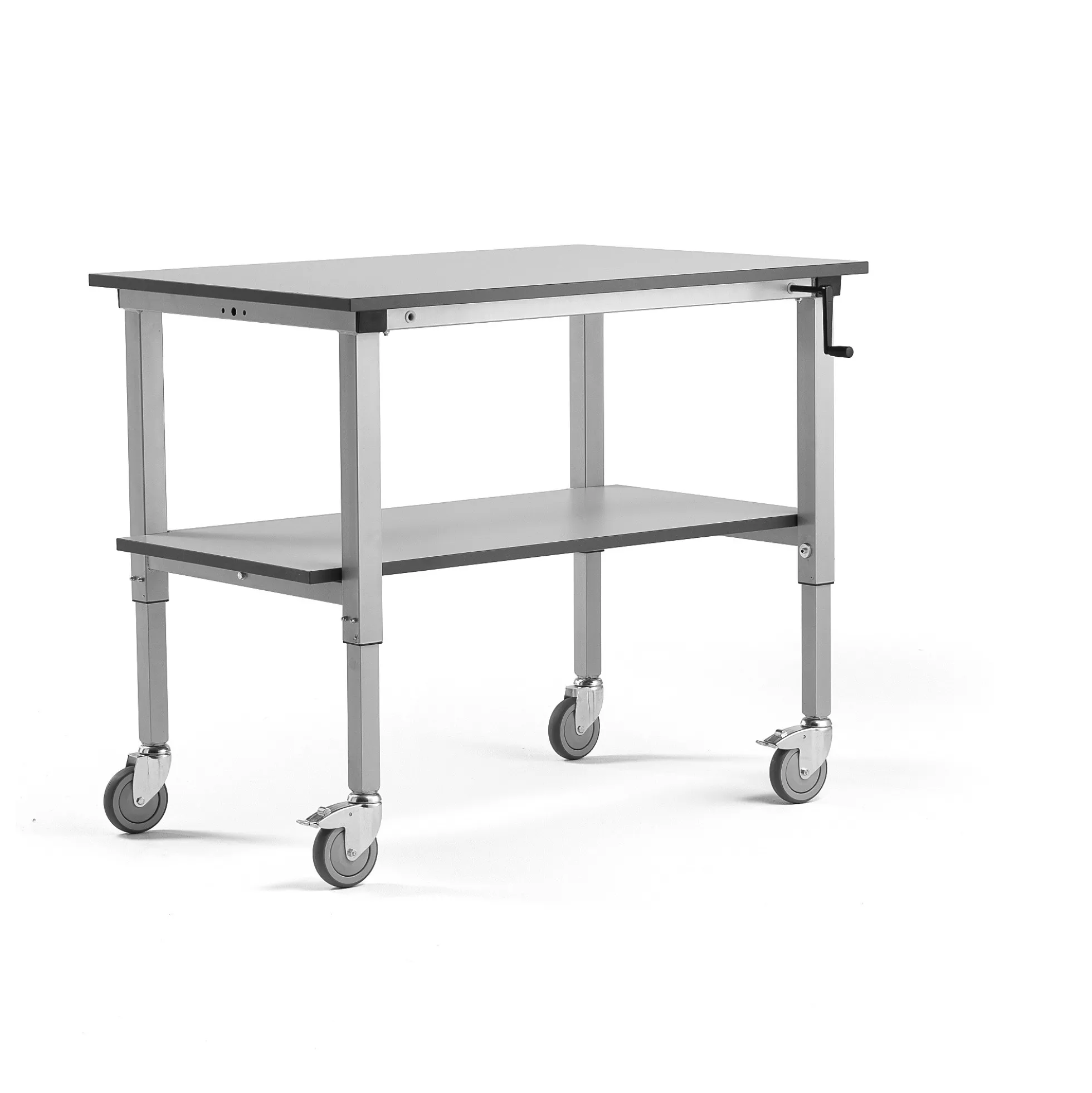 Teollisuuspöytä MOTION Pyörät, manuaalisesti korkeussäädettävä, 1200x800 mm, alahylly, 150 kg, harmaa