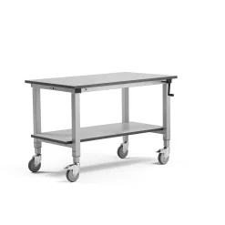 Teollisuuspöytä MOTION Pyörät, manuaalisesti korkeussäädettävä, 1200x600 mm, alahylly,150 kg, harmaa