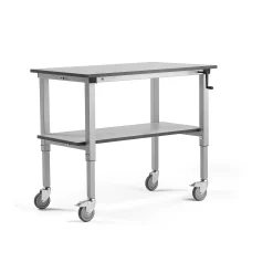 Teollisuuspöytä MOTION Pyörät, manuaalisesti korkeussäädettävä, 1200x600 mm, alahylly,150 kg, harmaa