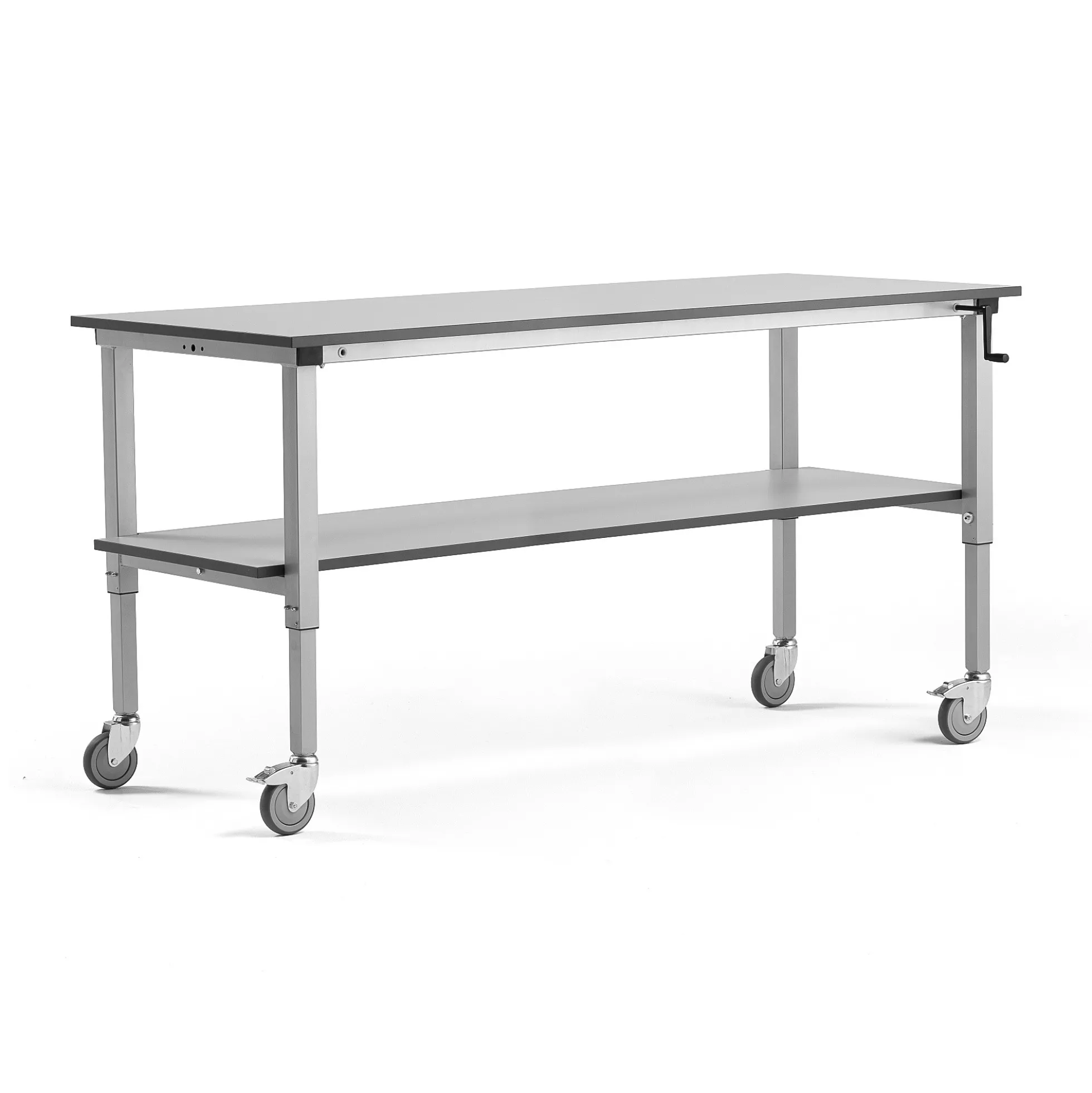 Teollisuuspöytä MOTION Pyörät, manuaalisesti korkeussäädettävä, 2000x800 mm,alahylly, 150 kg, harmaa